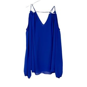 Lost April Bright Blue Blouse Top Sexy Loose Cold Shoulder Sleeves Women Small